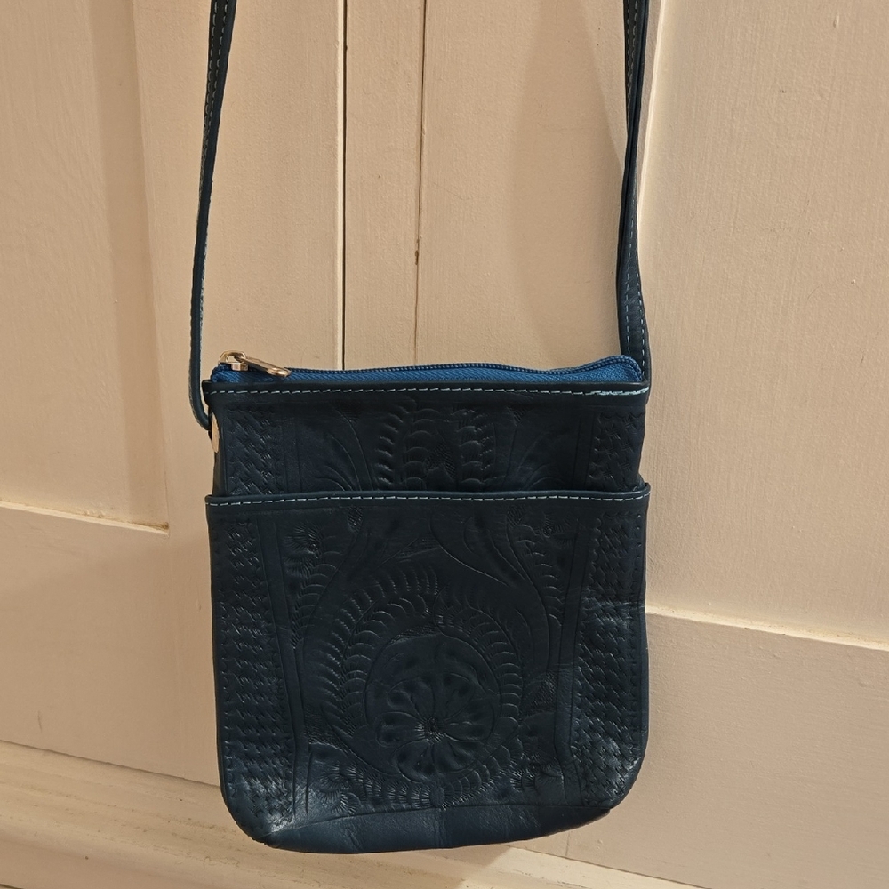 Green tooled leather crossbody mini bag